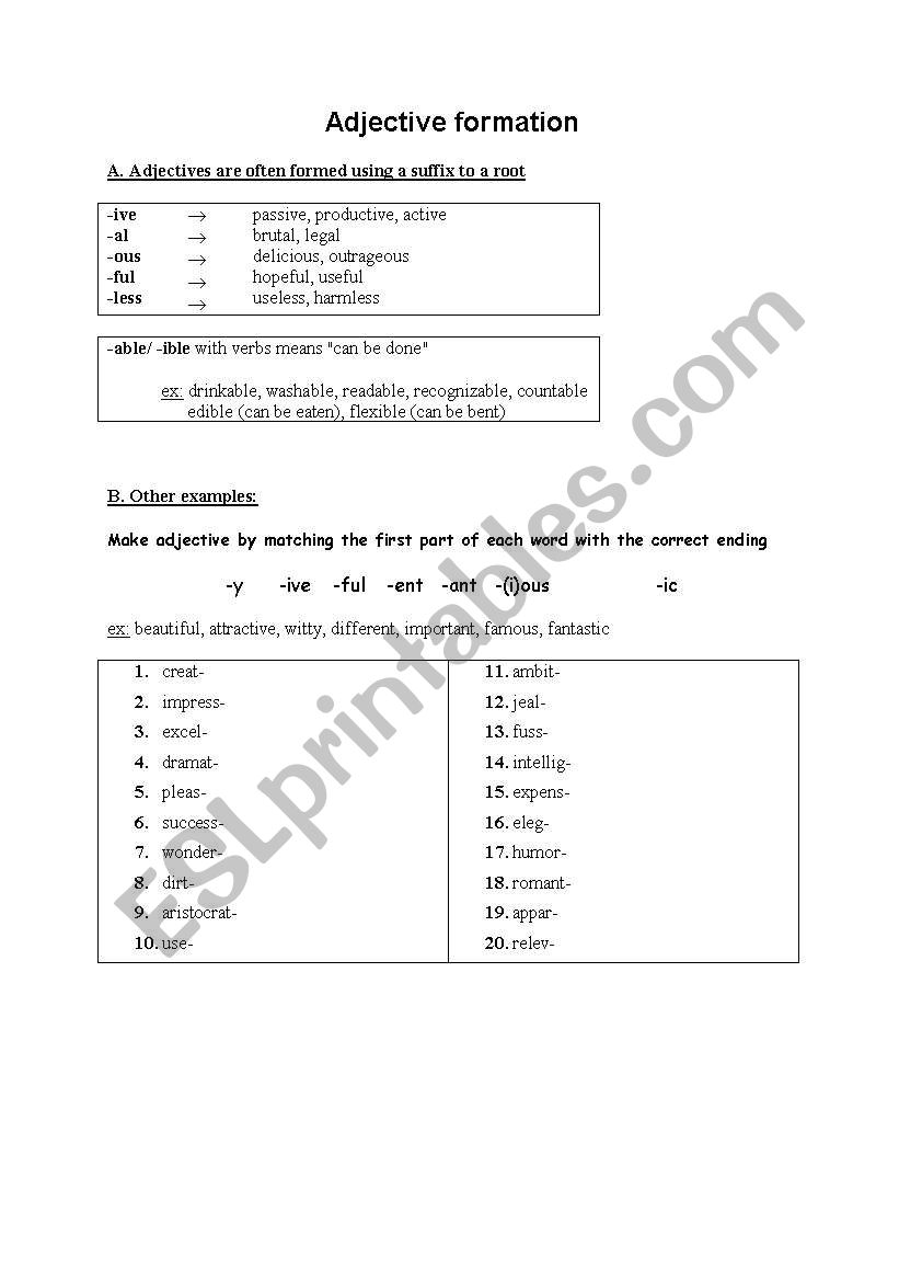 Adjective formation worksheet