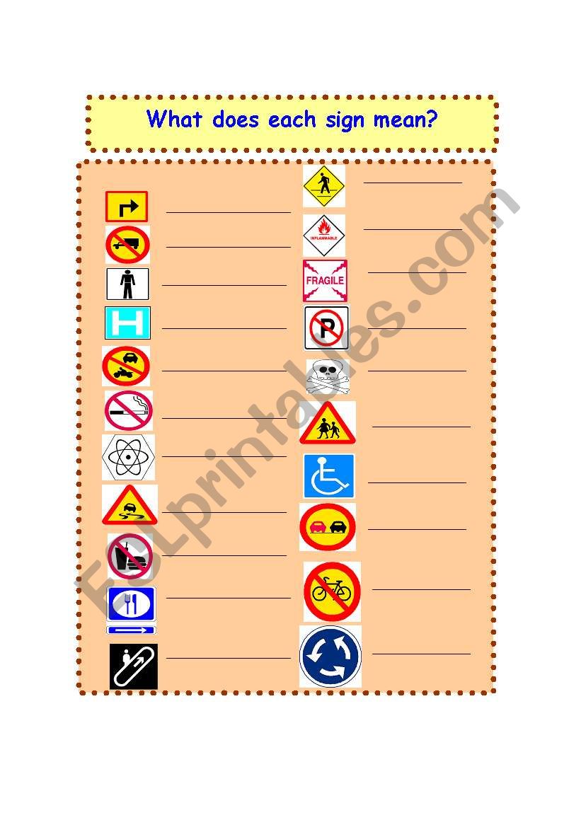 What does each sign mean ? worksheet