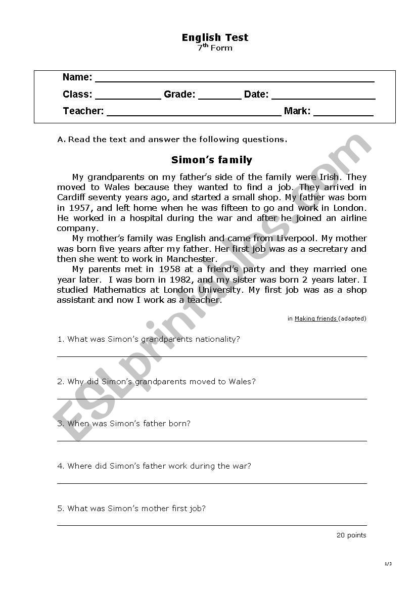 Printable Grade 7 English Worksheets Test Grade 7 Esl Worksheet By ...