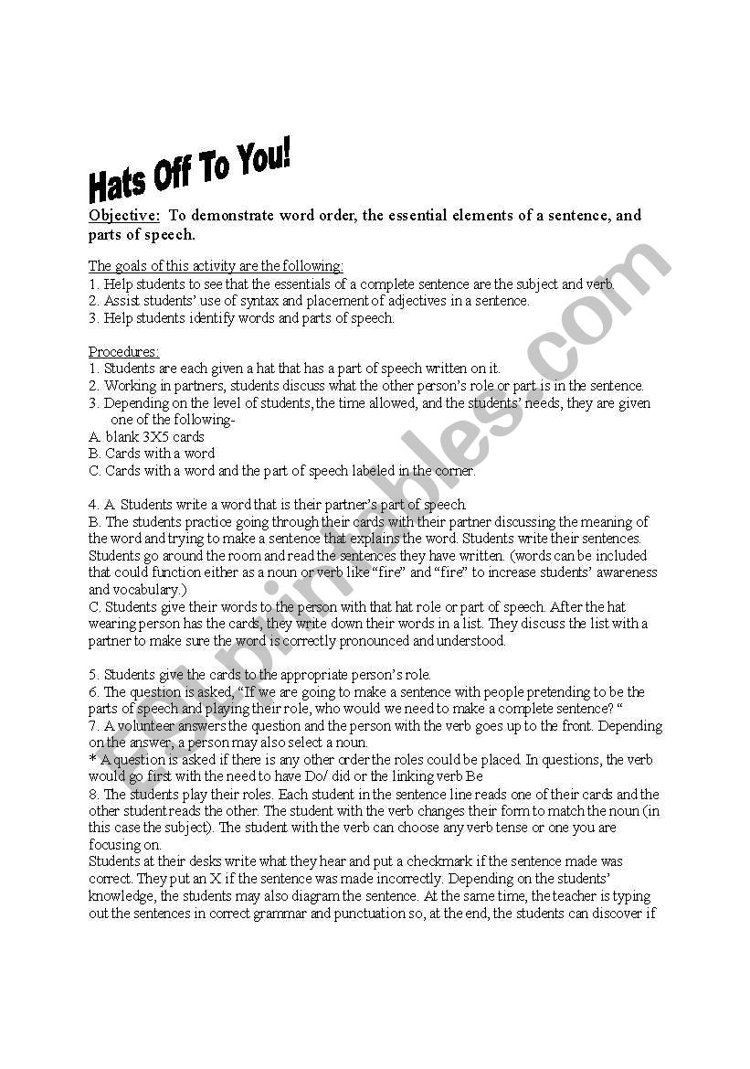 Hats Off To You! worksheet