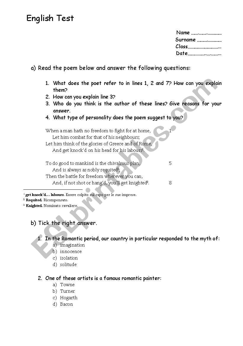 romanticism - literature test worksheet