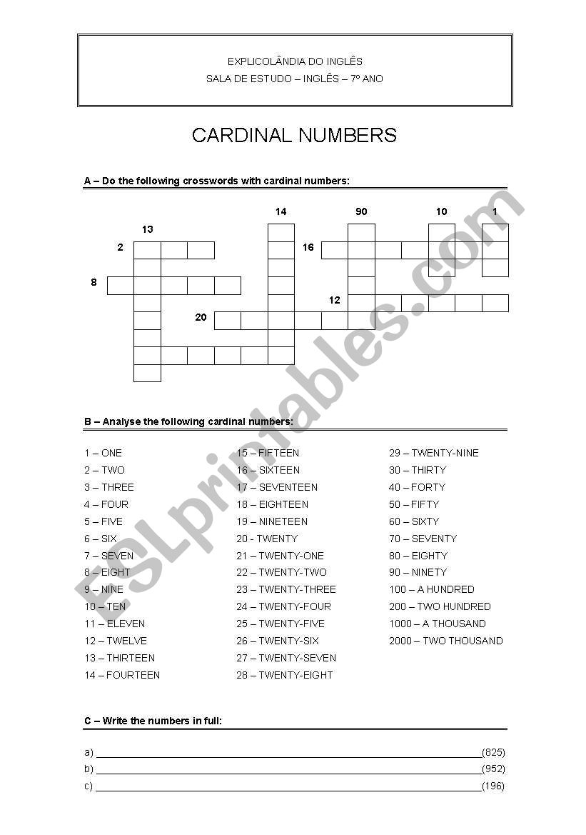 cardinal numbers worksheet