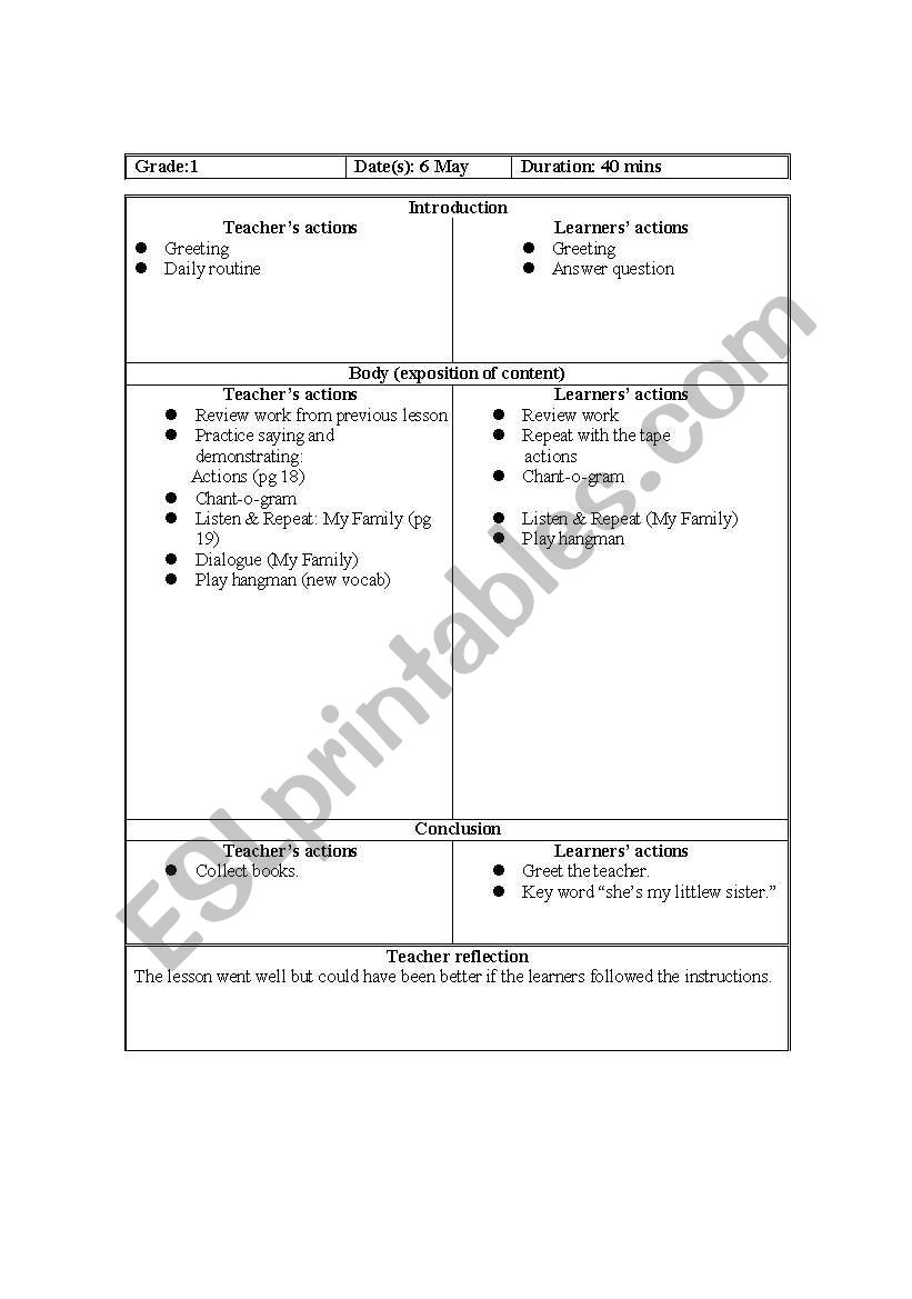 grade 1 lesson plan worksheet