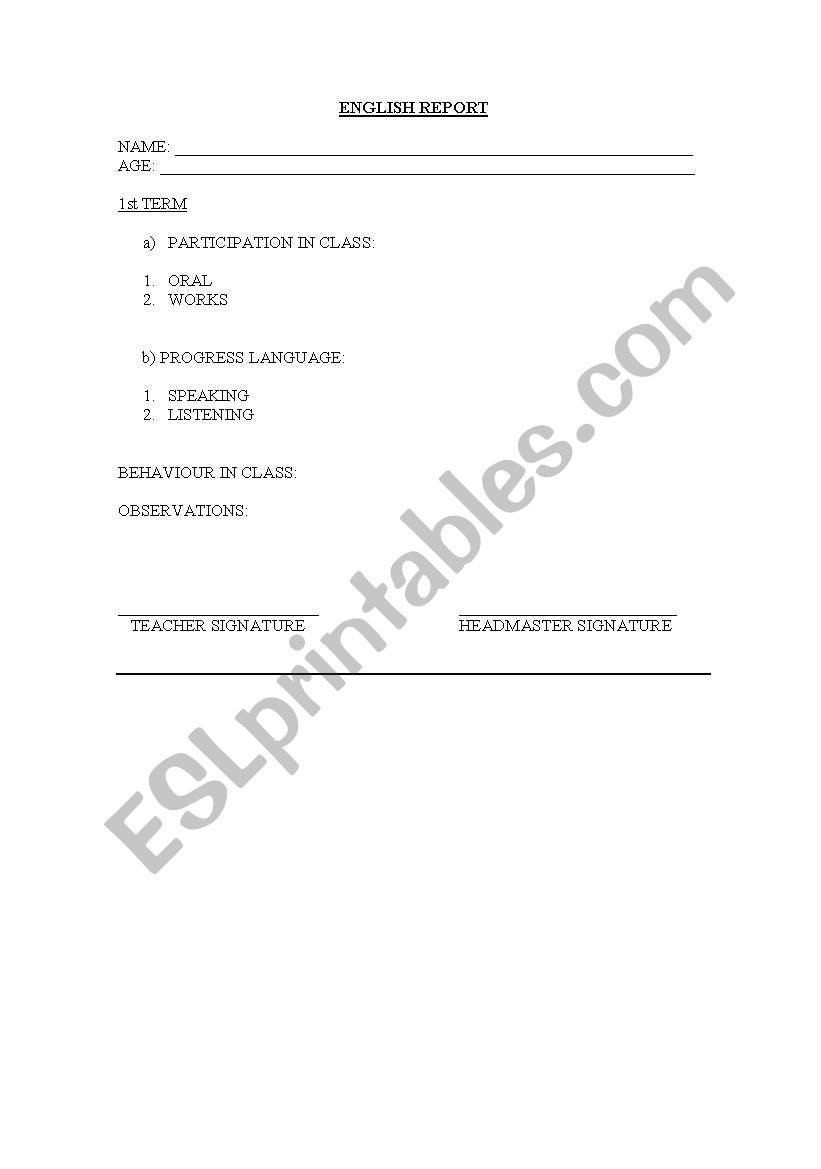 english report worksheet