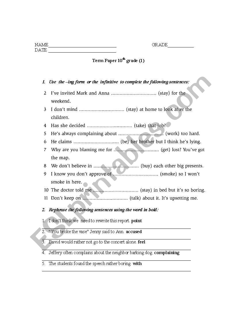 Test Paper worksheet