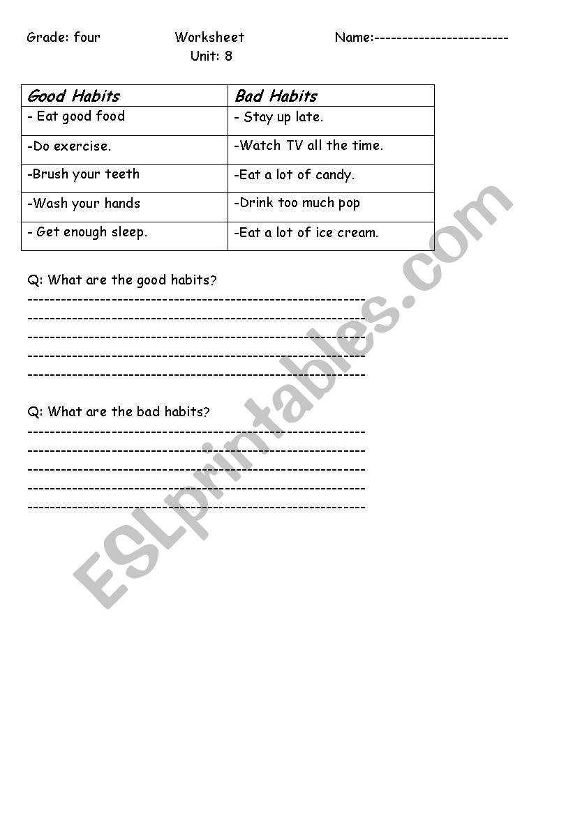 good habit and bad habits worksheet