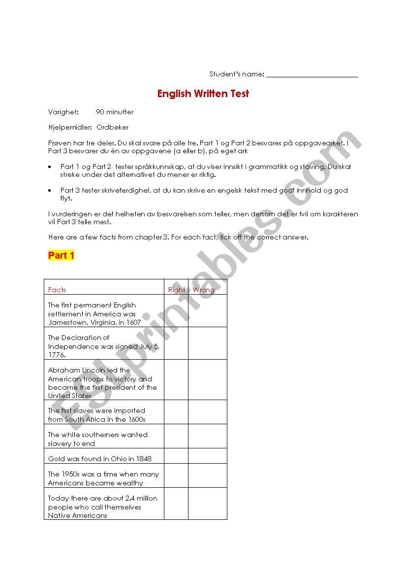 Test on topic of USA worksheet