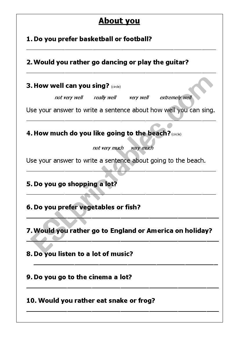 about you worksheet