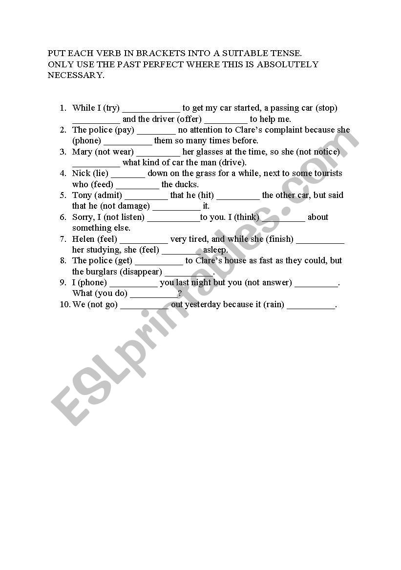 past perfect worksheet