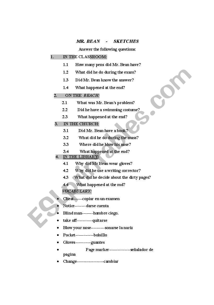 mr bean worksheet