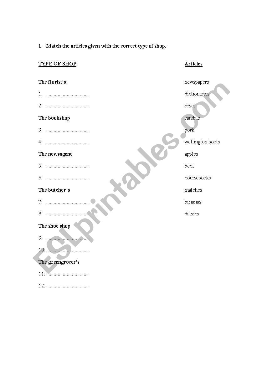 Shops and shopping vocabulary worksheet