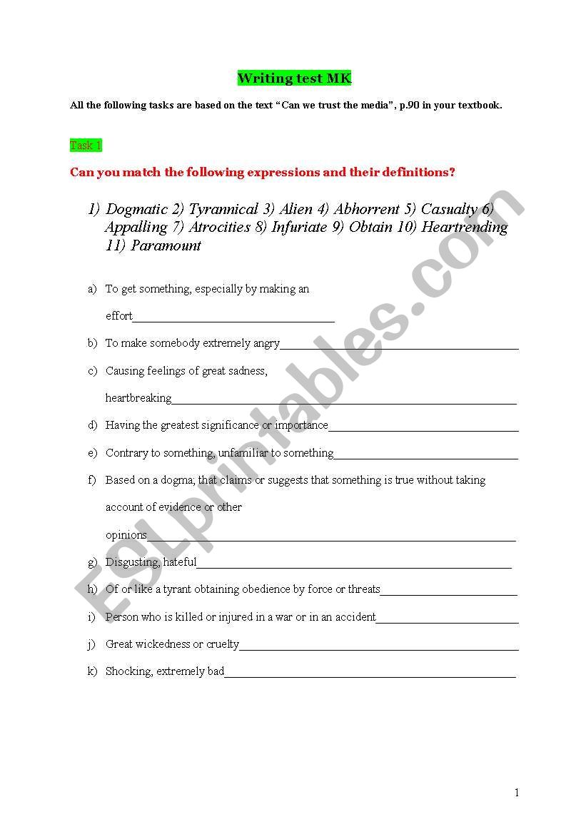 written test worksheet