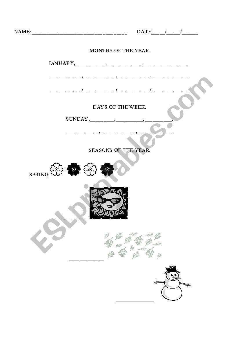 Months, days and seasons worksheet