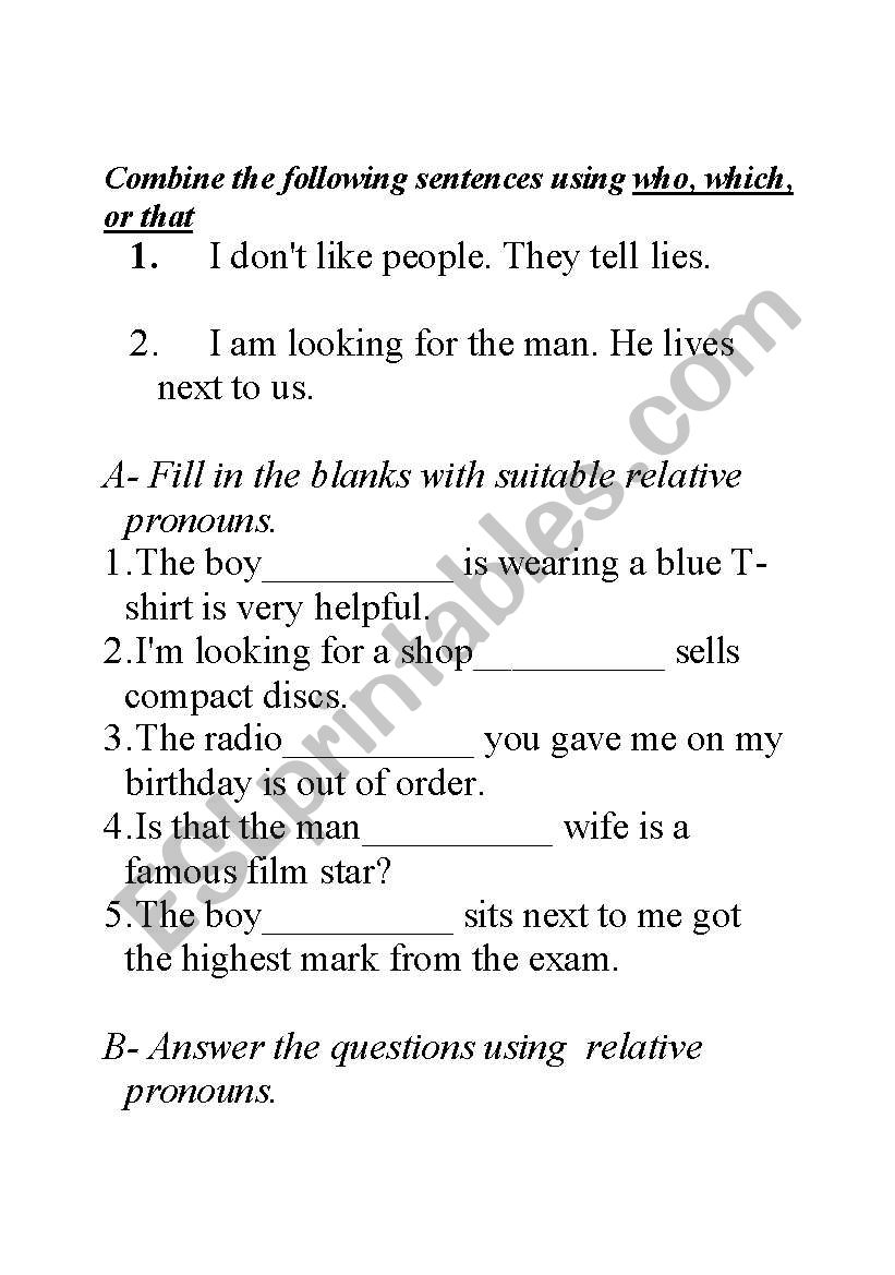 relative pronouns worksheet