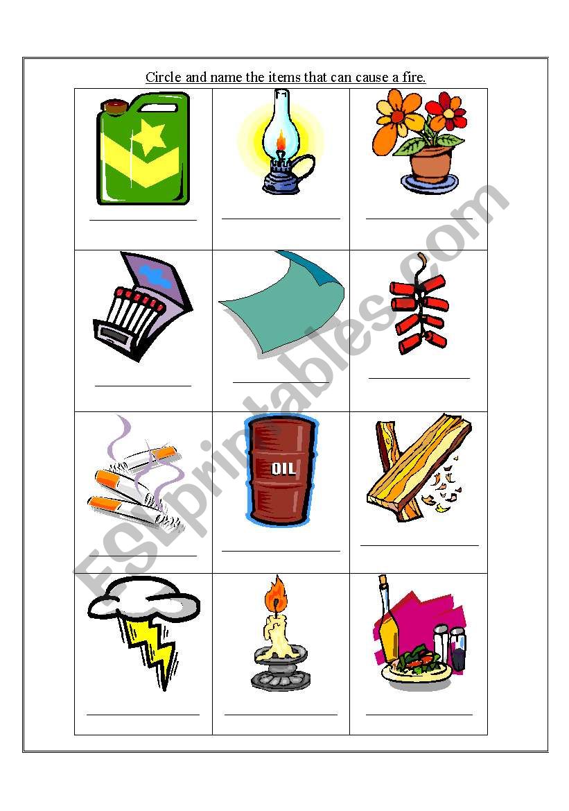 English worksheets: Name and circle the items that can cause a fire