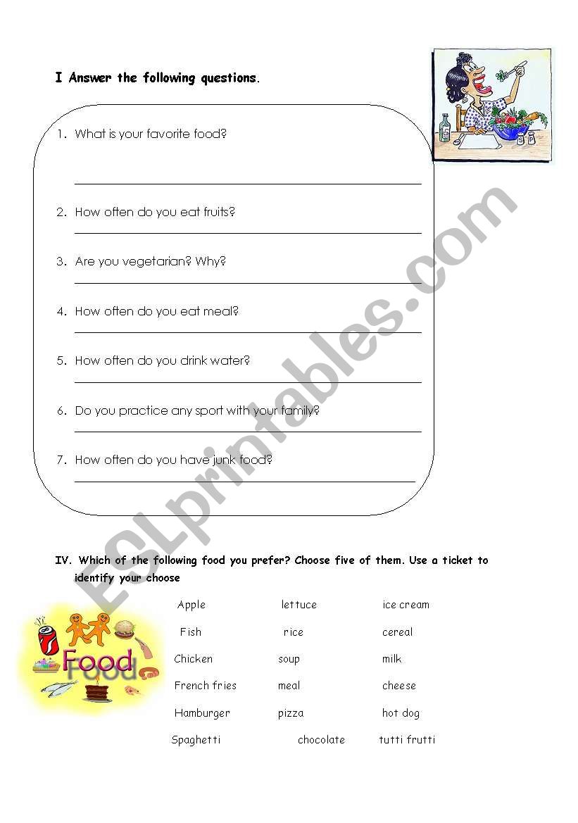 food questions worksheet