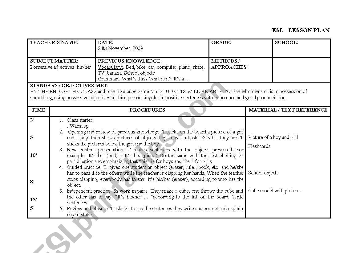 Lesson Plan Possessive Adjectives ESL Worksheet By Ideas for teaching