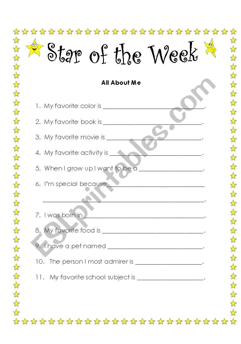 student of the week worksheet worksheet