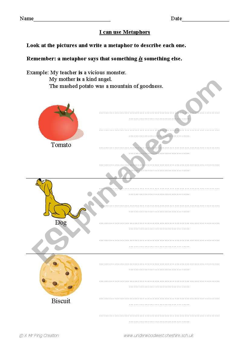 English worksheets: Writing Metaphors