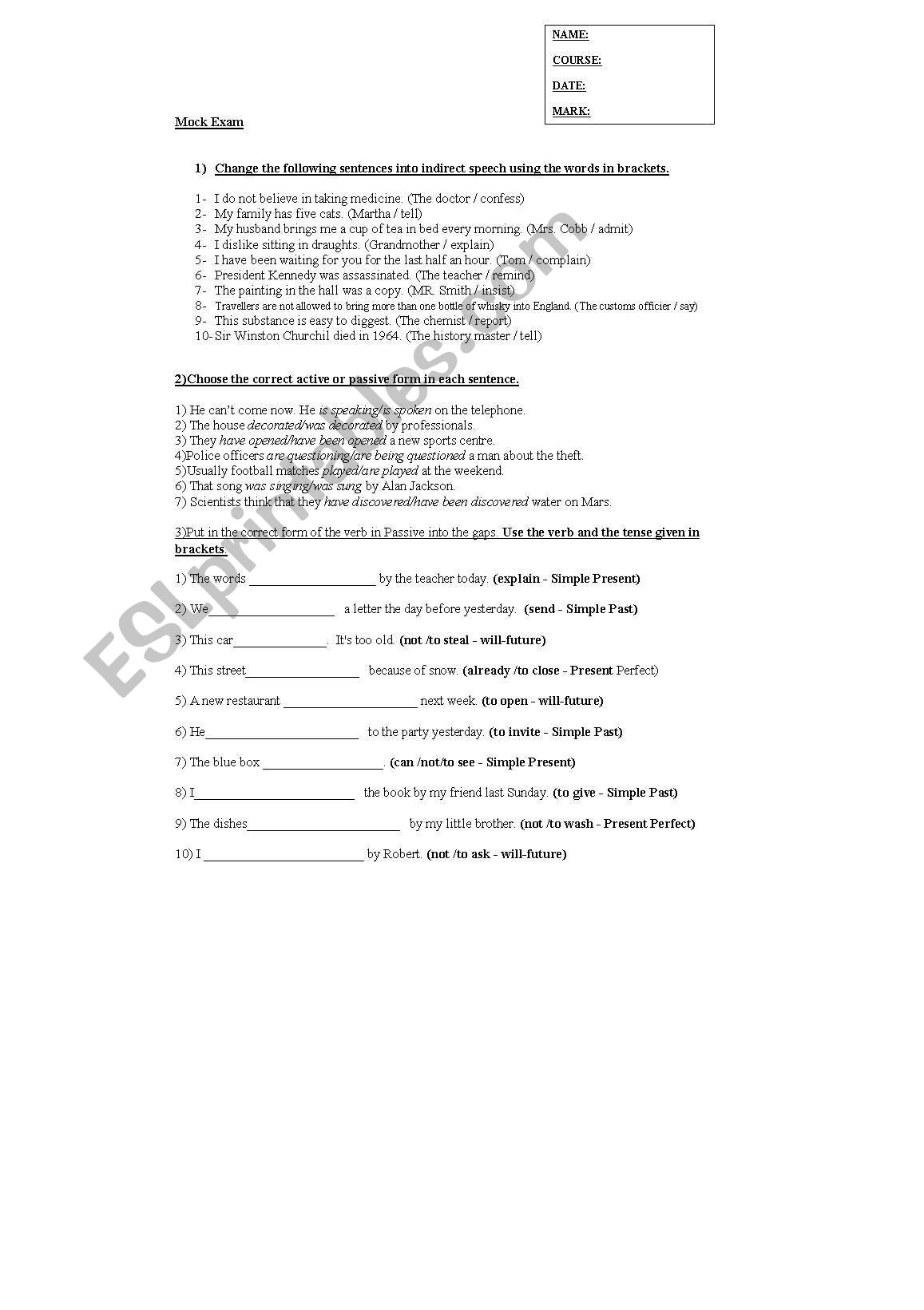 Mock exam worksheet