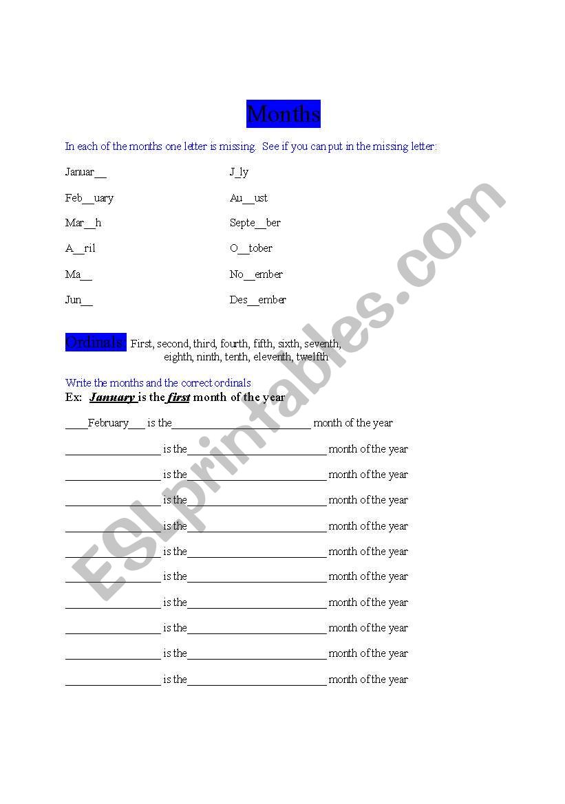 Months and ordinals worksheet