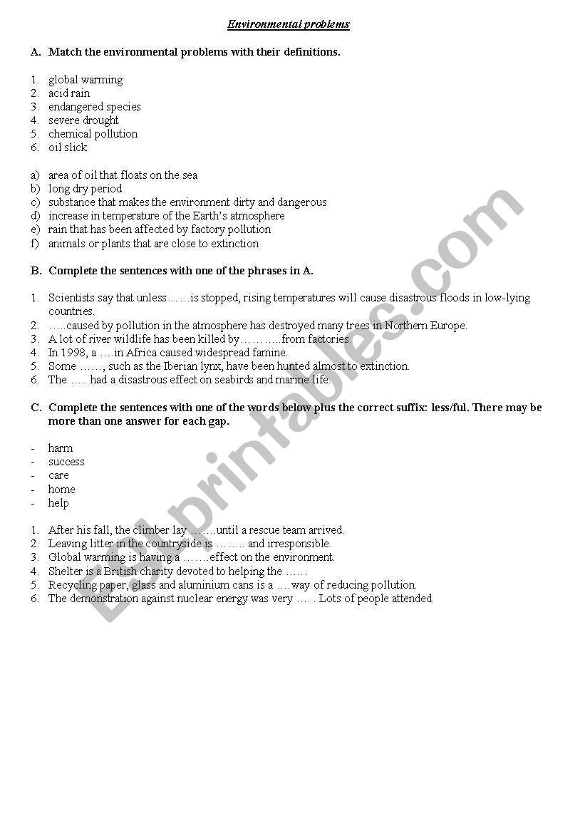 Environmental problems worksheet