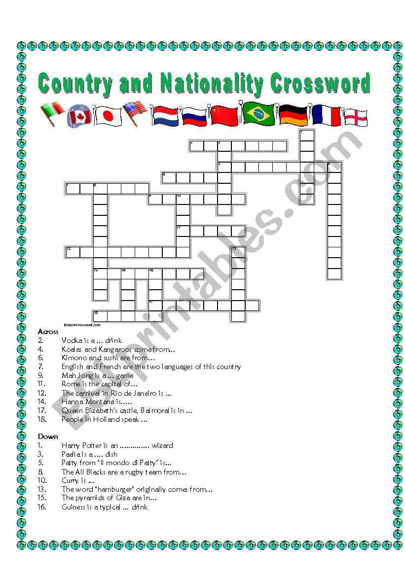 Country and Nationality Crossword ESL worksheet by Elisabetta76