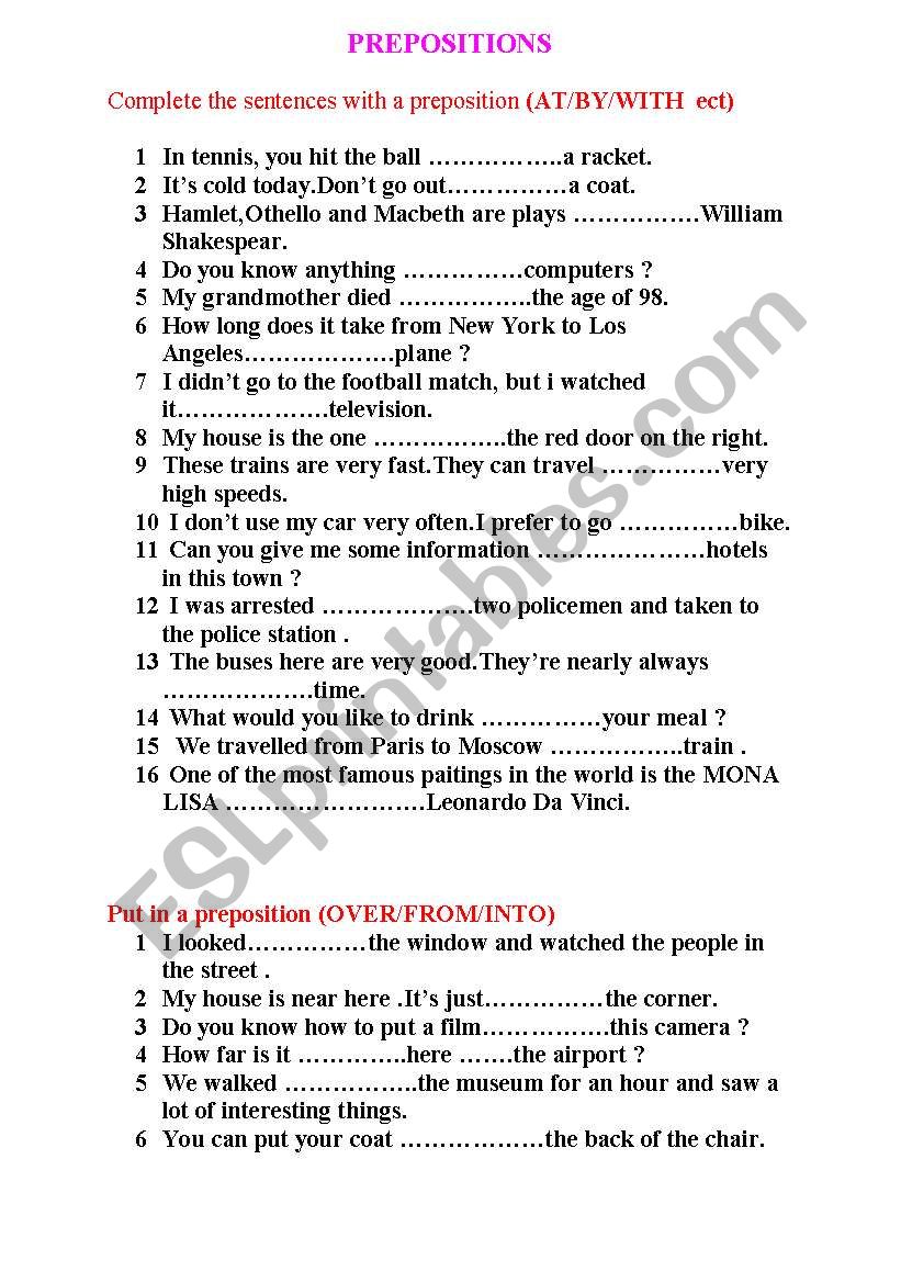 PREPOSITONS worksheet