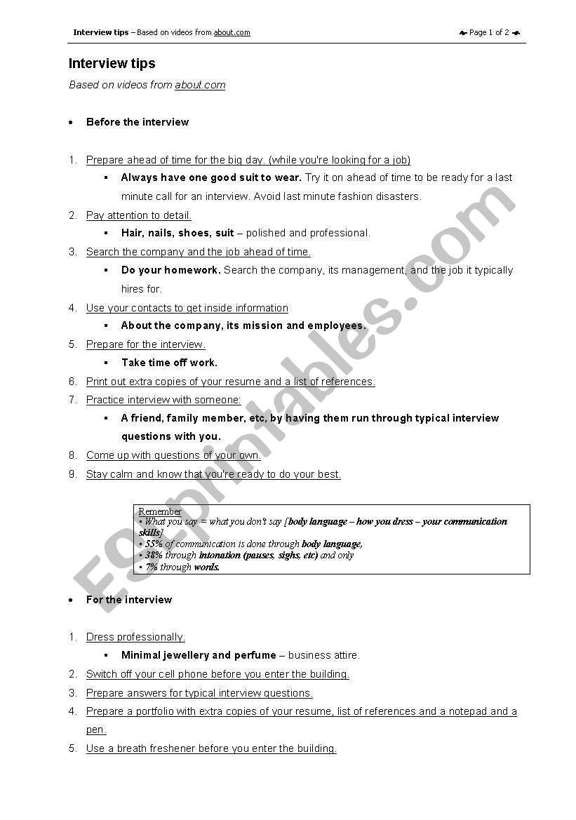 Interview Tips worksheet