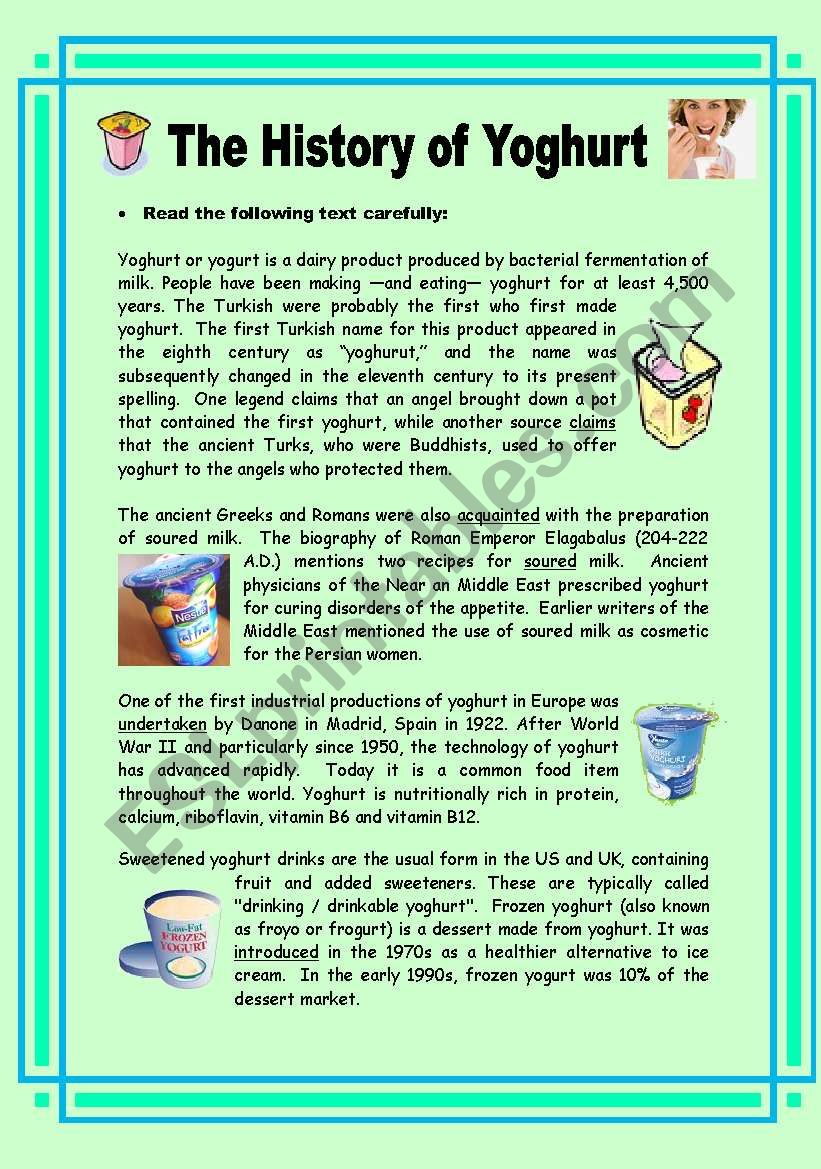 The History of Yoghurt - 2 pages + key