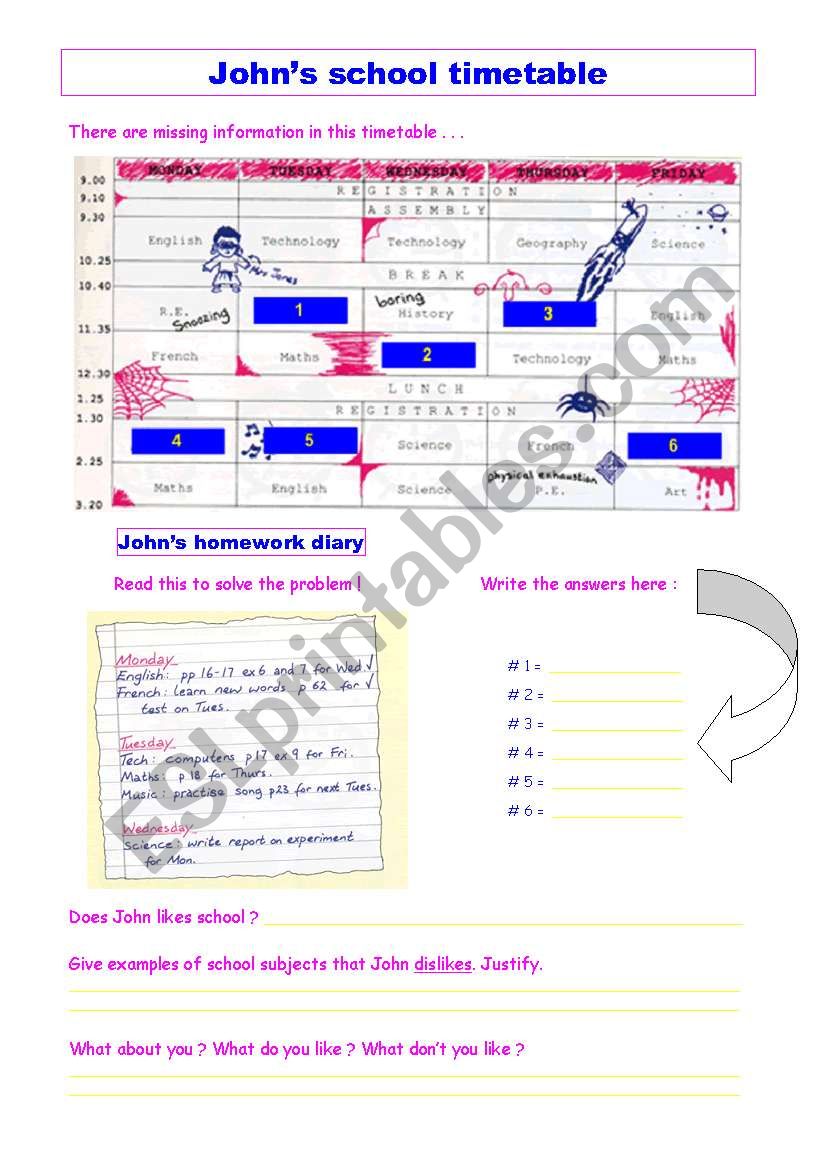Johns school timatable worksheet