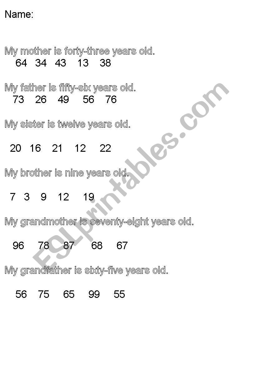 Family members ages worksheet