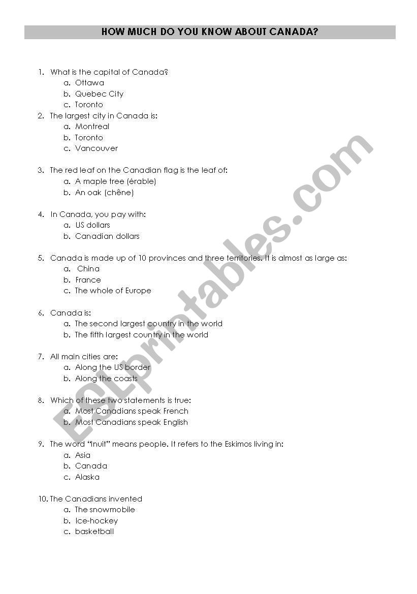 Canada Quiz worksheet