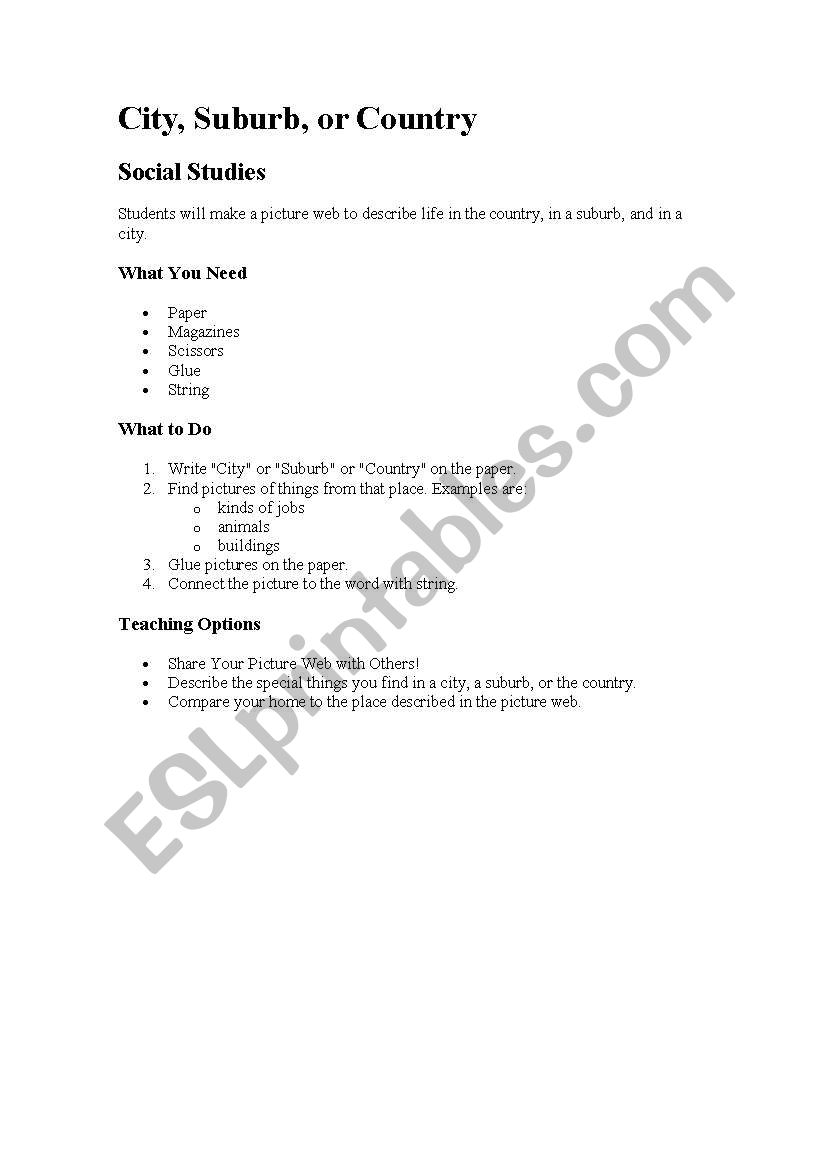 City, Suburb, or Country worksheet