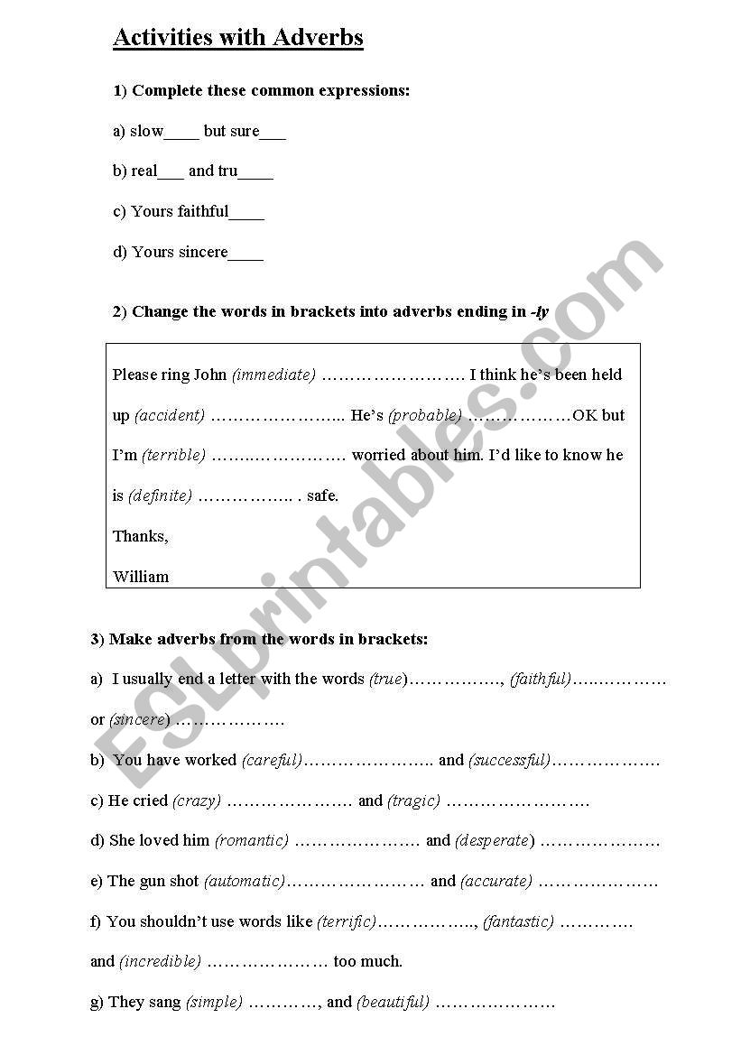 activities with adverbs worksheet