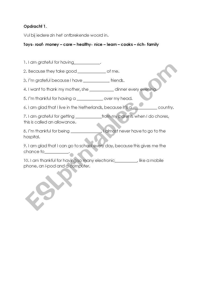 Dutch Thanksgiving Assignment worksheet