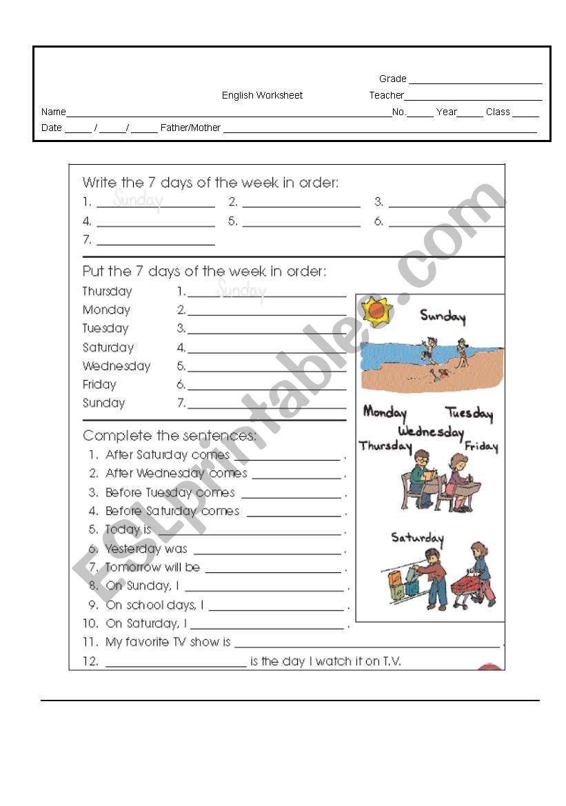 Days of the week worksheet