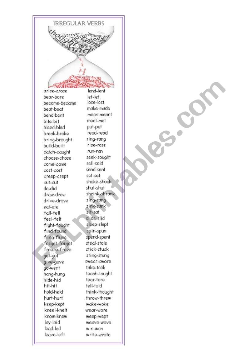 Irregular verbs bookmark worksheet