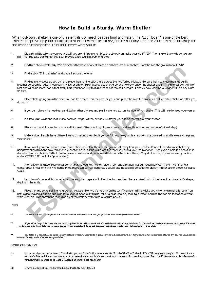 How to Build a Sturdy Shelter worksheet