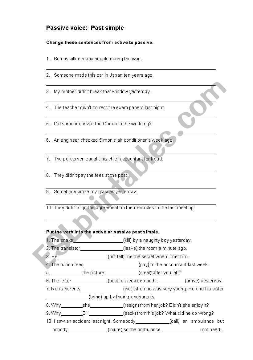 English Worksheets Passive Voice Past Simple
