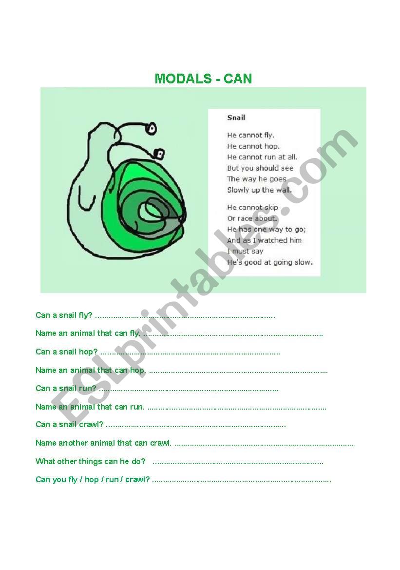 can a snail...? worksheet