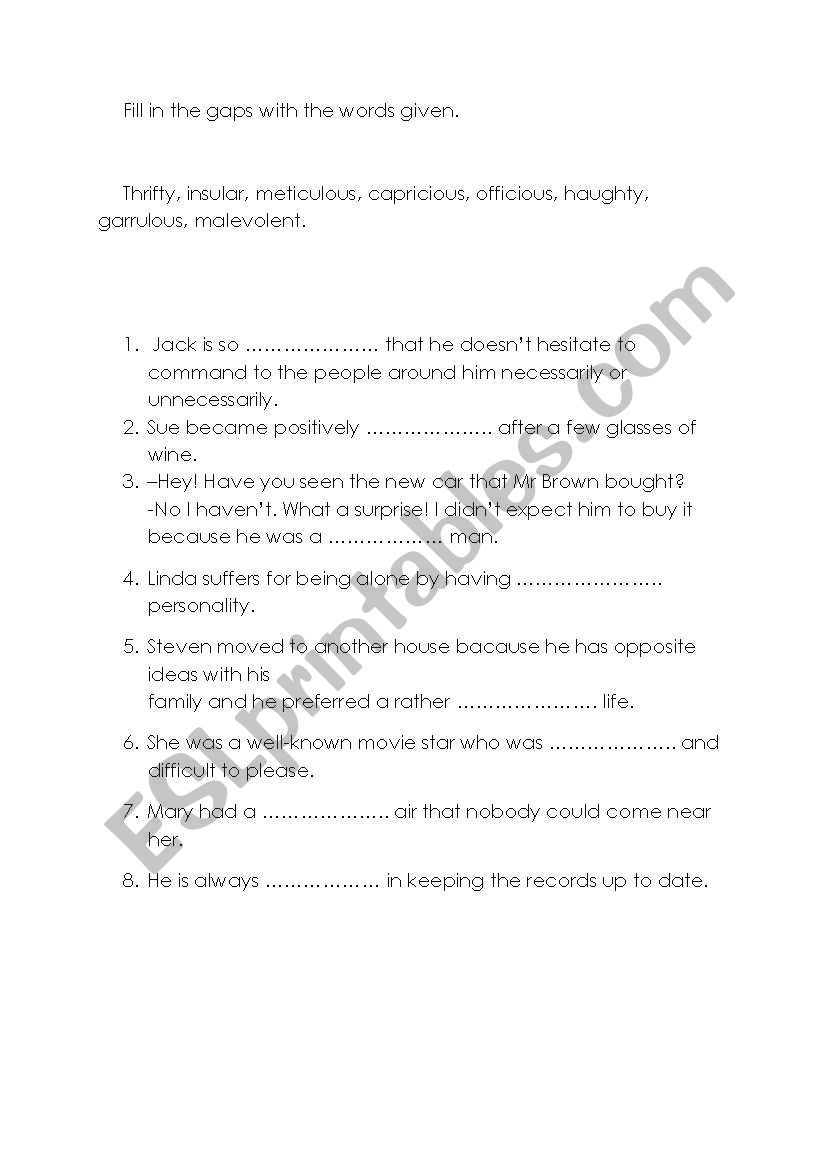 characteristics of people worksheet