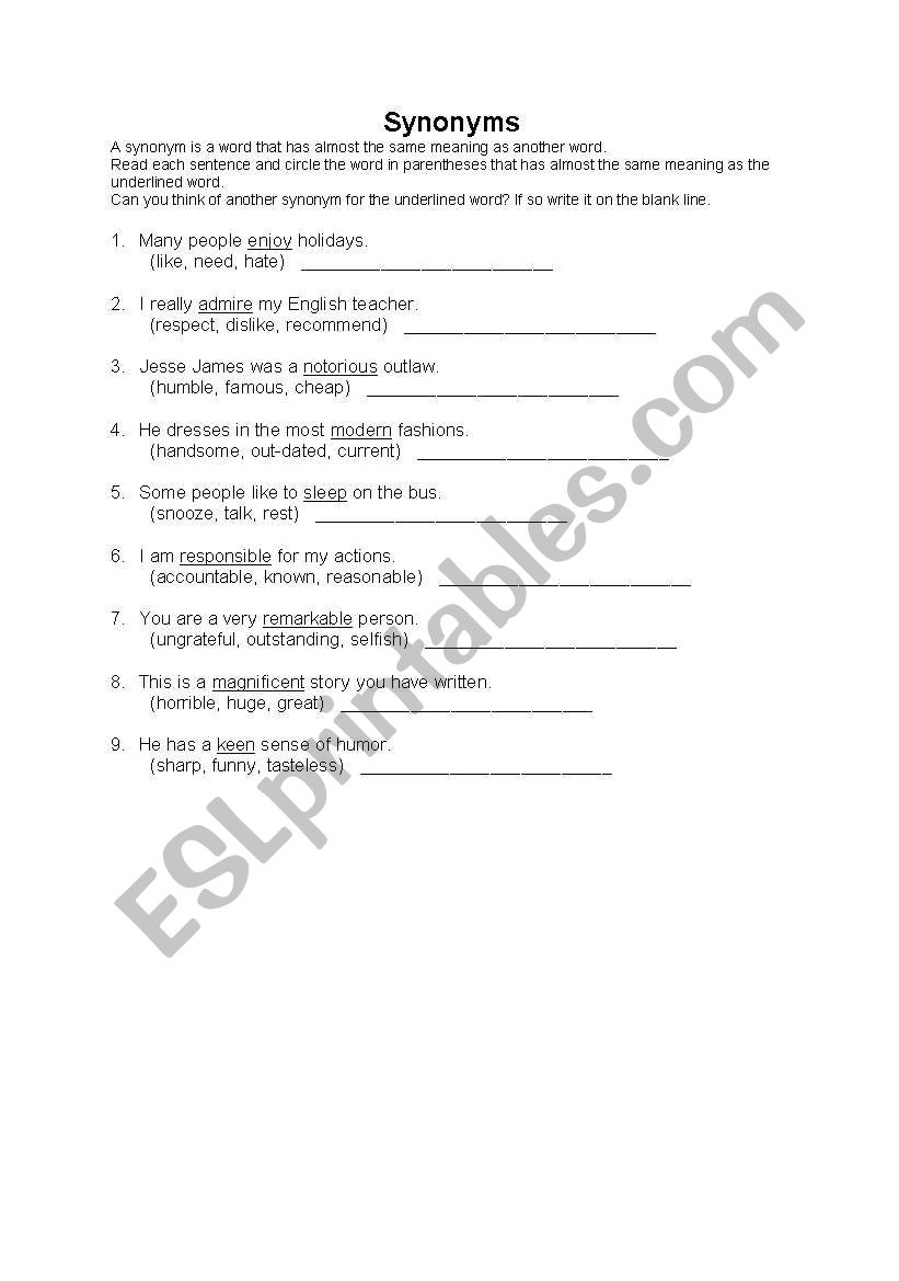 English worksheets: synonms