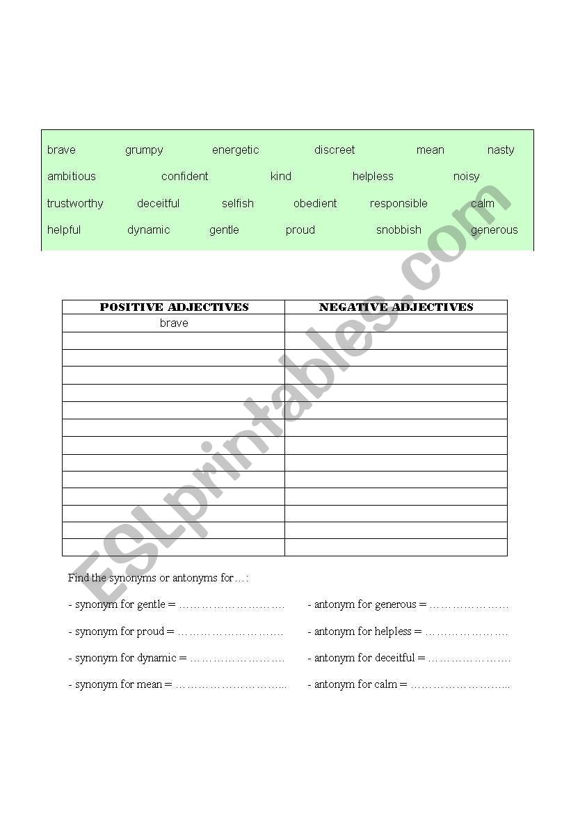 personality adjectives worksheet