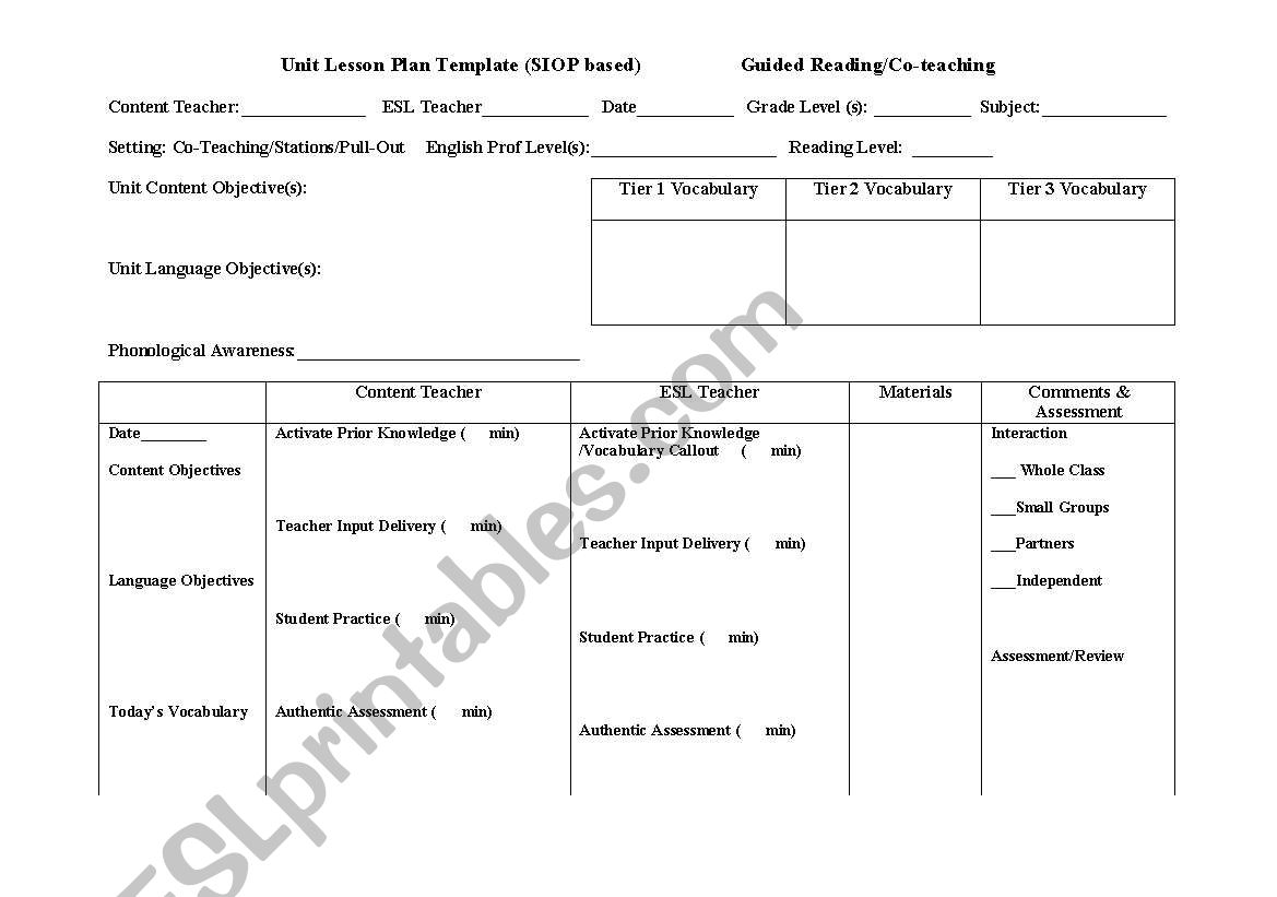 English Worksheets SIOP Lesson Plan Template For Co Teaching