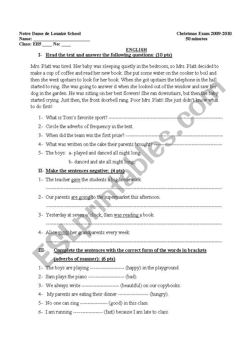 sample exam for ESL worksheet