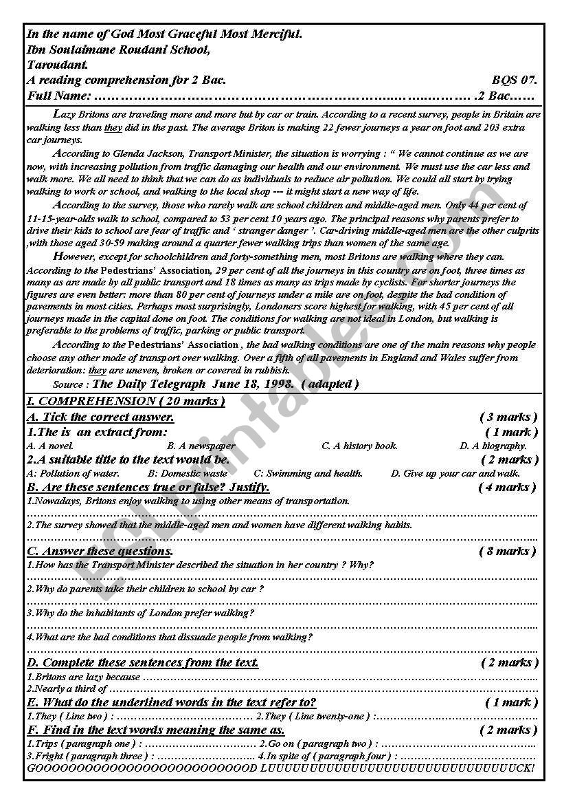 Walking and the environment. worksheet