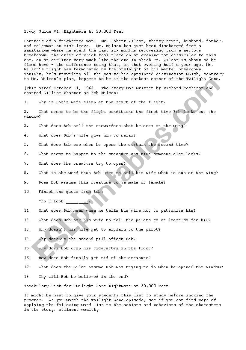 twilight zone tv series worksheet