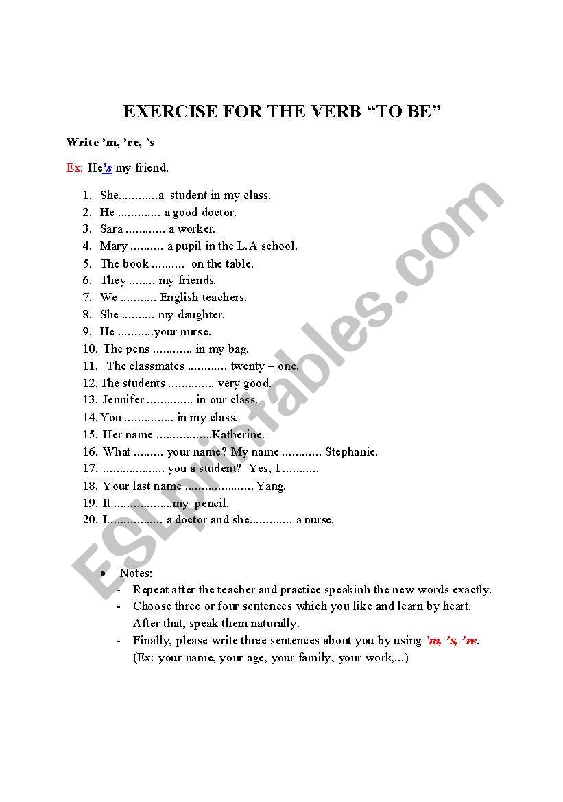 exercise for tobe worksheet