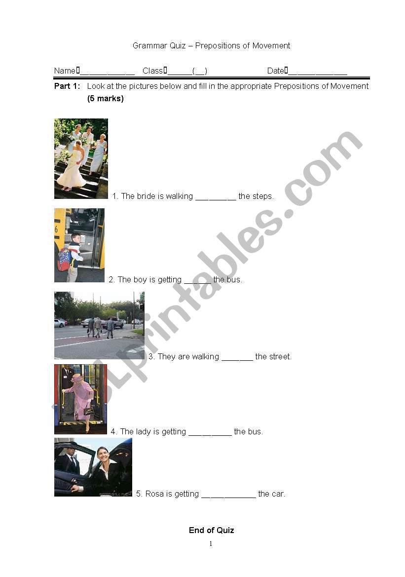 Prepositions of Movement worksheet